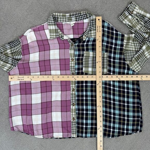 Cato Patchwork Multi Plaid Button Up Shirt XL Rayon Long Sleeve - Picture 12 of 12